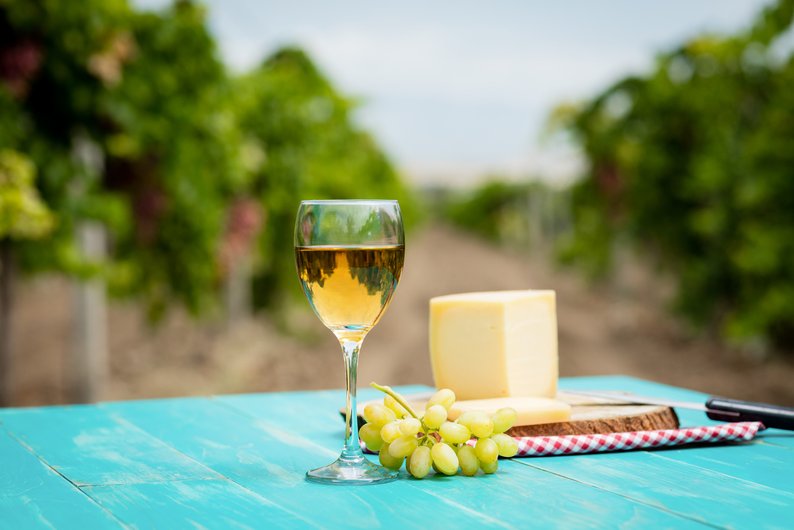 White wine with cheese and grapes